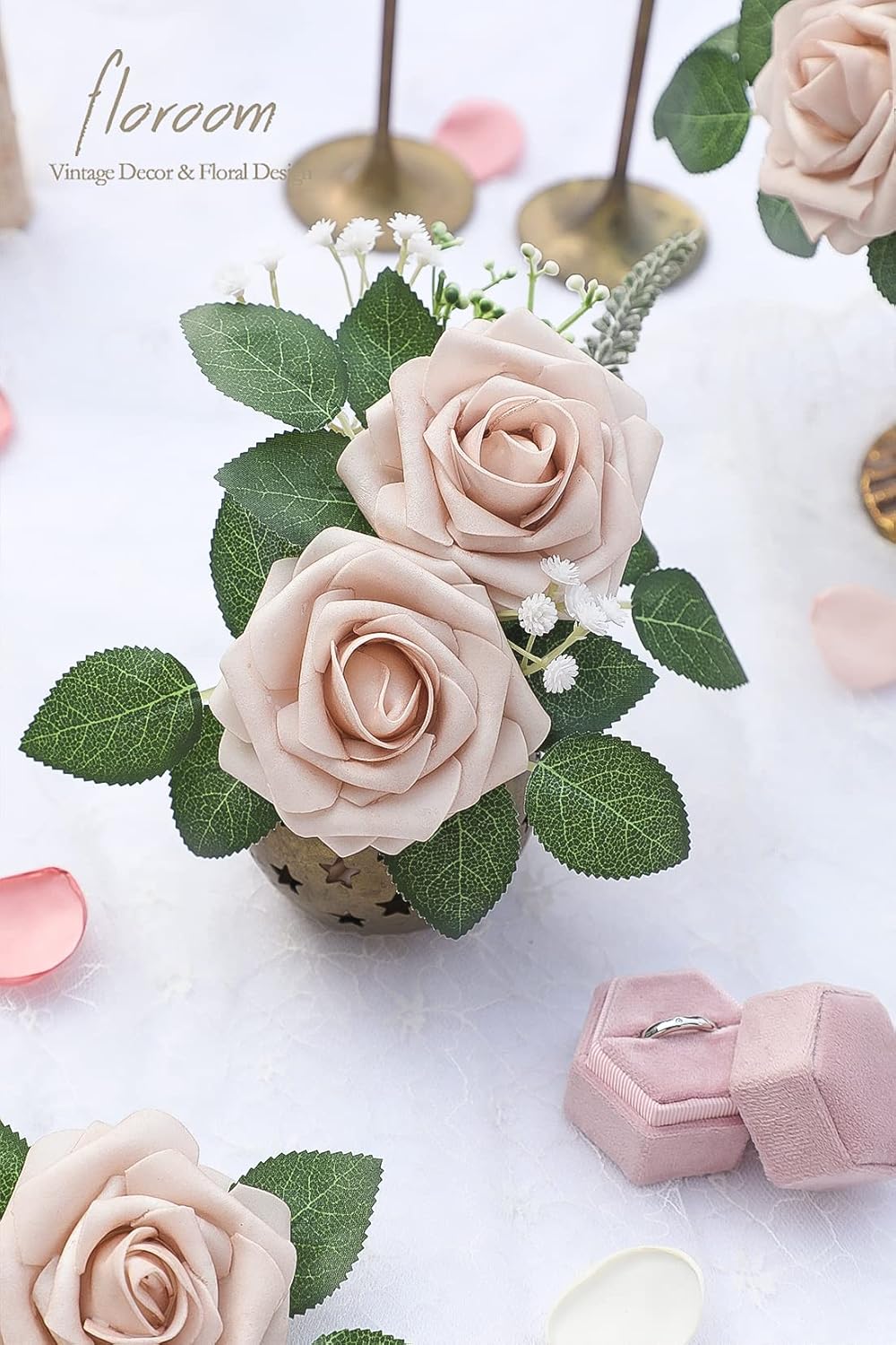 Floroom Artificial Flowers 25pcs Real Looking Nude Foam Fake Roses with Stems for DIY Wedding Bouquets Bridal Shower Centerpieces Floral Arrangements Party Tables Home Decorations