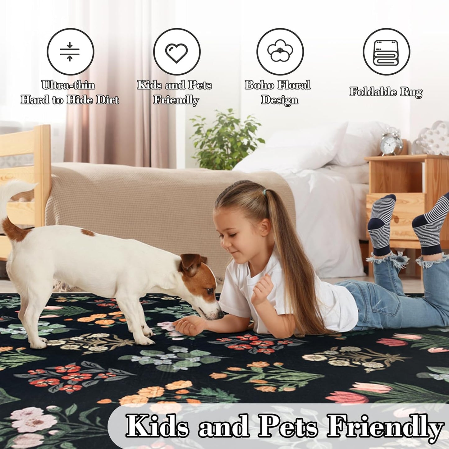 Wonnitar Floral Print 8x10 Washable Rug, Non Slip Black Dining Room Rug, Moroccan Large Stain Resistant Low Pile Indoor Carpet for Bedroom Playroom Home Decor, Black/Multi