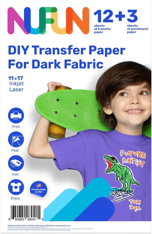 NuFun Activities Inkjet Printable Iron-On Heat Tshirt Transfer Paper 11x17 (12, Dark Fabrics)