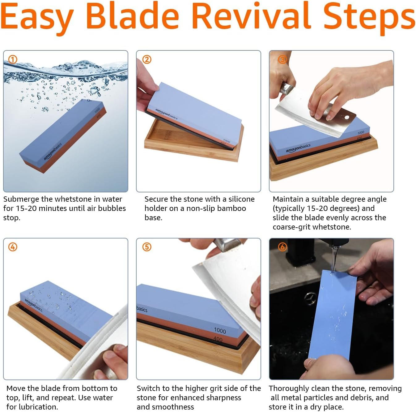 Amazon Basics Whetstone Knife Sharpening Wet Stone Dual Sided 400/1000 Grit with Non-Slip 1 Pc, Bamboo Base, Black & Grey