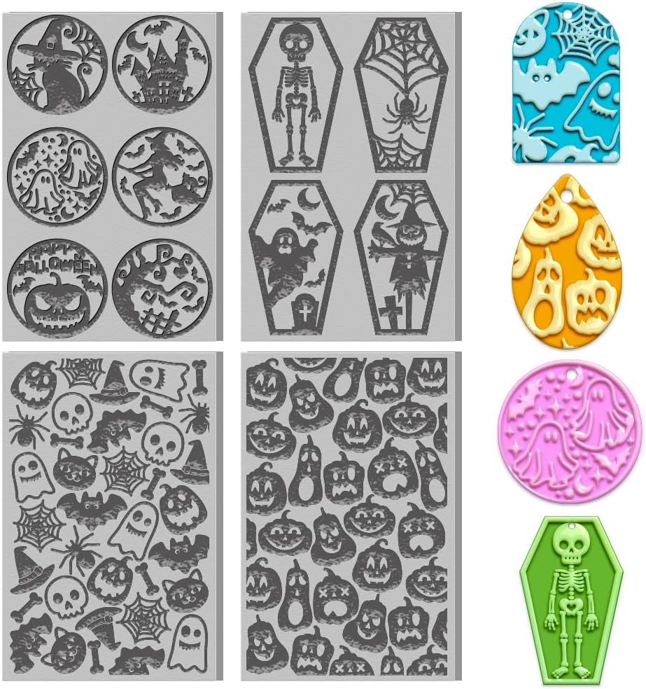 4PCS Halloween Polymer Clay Texture Sheets Set for Using with Clay Cutters, Pumpkins Clay Texture Mats, Jewelry Making DIY Halloween Craft Tools