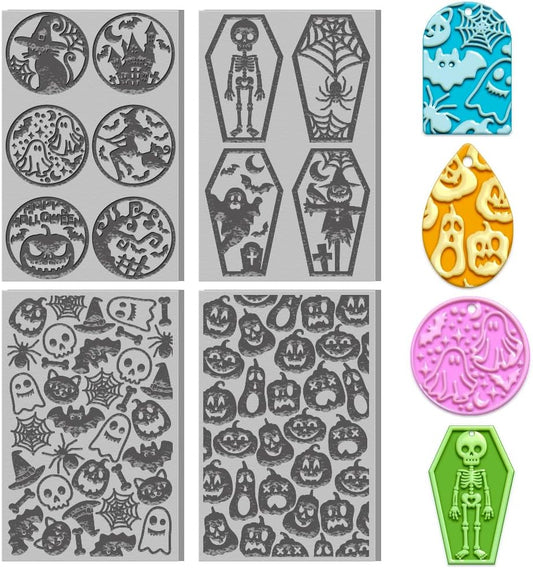 4PCS Halloween Polymer Clay Texture Sheets Set for Using with Clay Cutters, Pumpkins Clay Texture Mats, Jewelry Making DIY Halloween Craft Tools