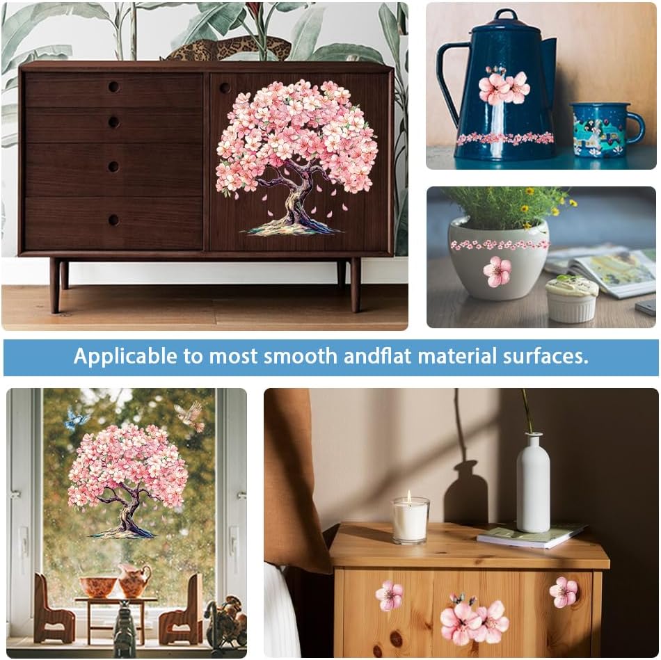 GLOBLELAND 4 Sheets Cherry Blossoms Tree Rub on Transfers 12x6inch Pink Flowers Furniture Transfers Sticker Birds UV Transfers Decal Craft for Bedroom Living Room Desk Table Decoration