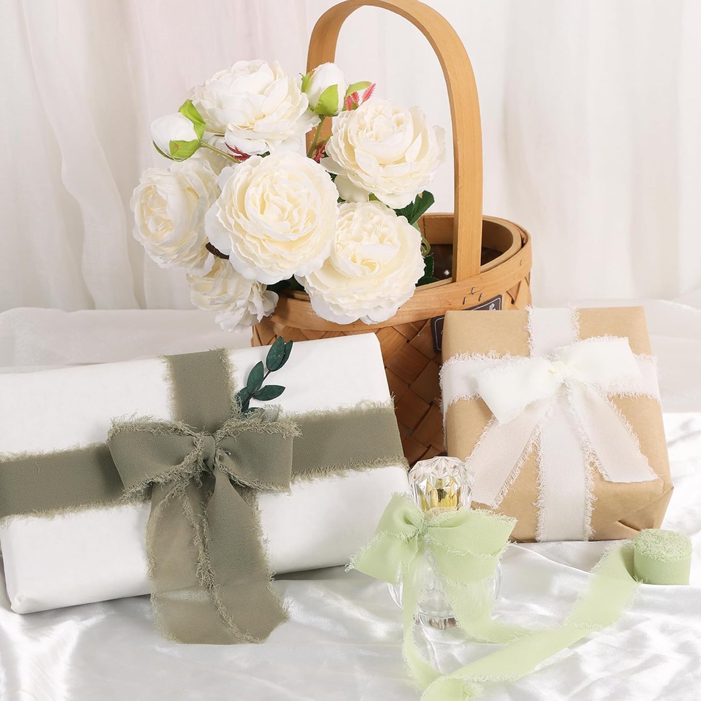 TONIFUL 4 Rolls Silk Chiffon Ribbon, 1-1/2 Inch x 22yds, Dusty Pink and Cream Chiffon Ribbons Set, Handmade Fringe Silk Ribbon for Gift Wrapping Bridal Bouquets Wedding Invitations Decoration Crafts