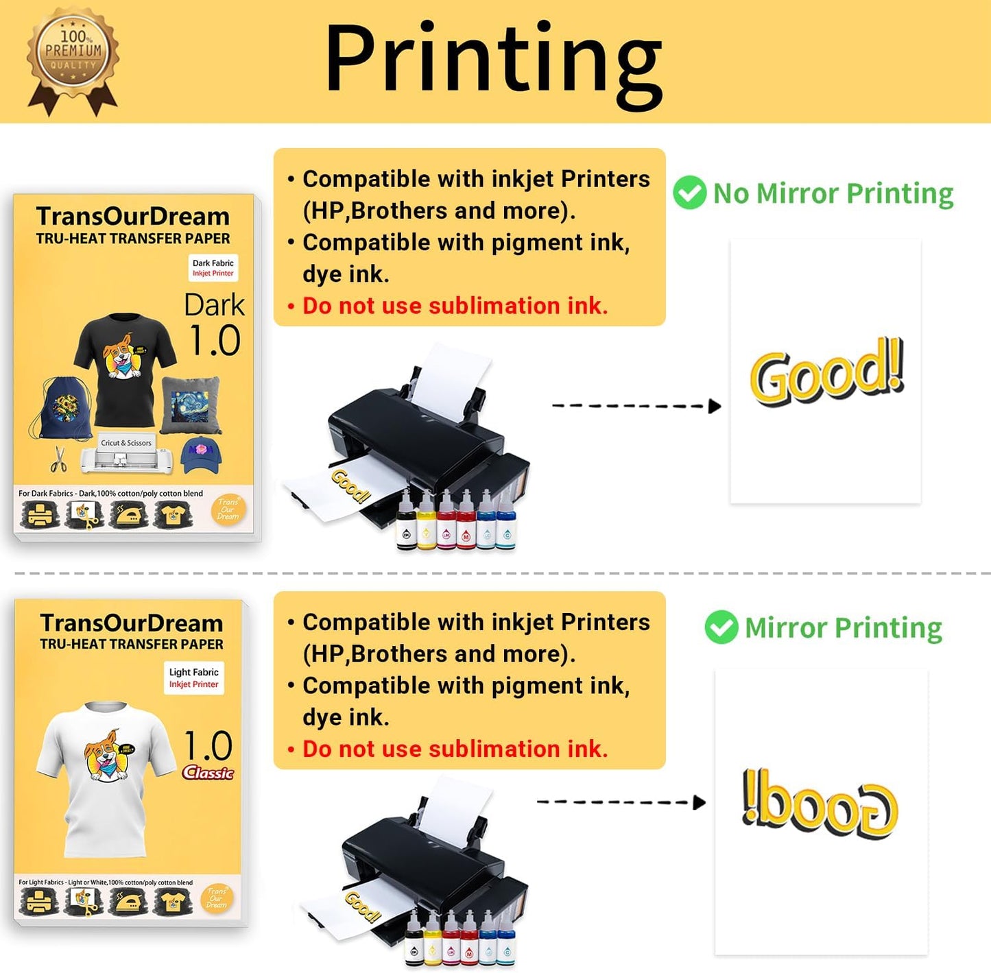 TransOurDream Heat Transfer Paper for Dark and Light Fabric (5+5 Sheets, 8.5x11, Mix Pack) Printable HTV Heat Transfer Vinyl for T Shirts Iron on Transfers for Inkjet Printer (D1L1)