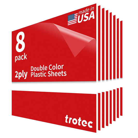 Trotec TroLase | 12"x12"x1/8", 8 Pcs | Red/White | 2 Ply | Modified Acrylic | Laser Engraving Double Color Plastic Sheet | Engraving Blanks for Laser, Saw, Guillotine | Made in USA