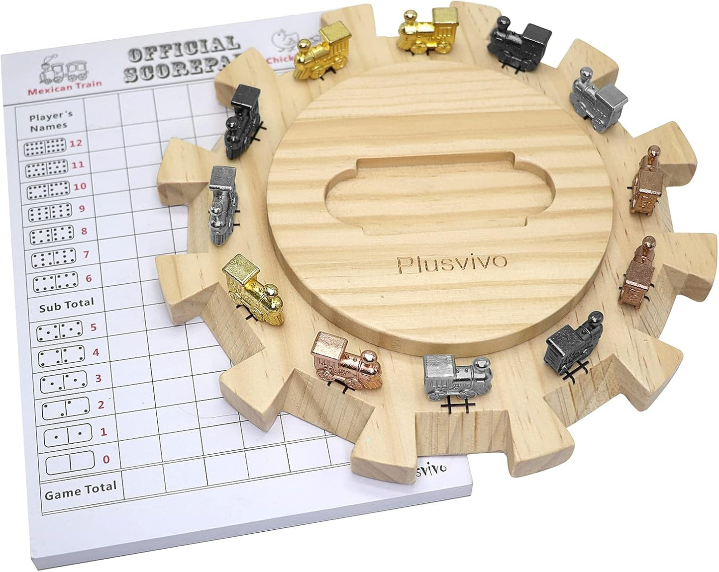 Mexican Train Dominoes Accessories Set-Including a 7.89-Inch Wooden Mexican Train Hub up to 12 Players, 12 Metal Train Markers, and a 70-Sheet Mexican Train Score Pads