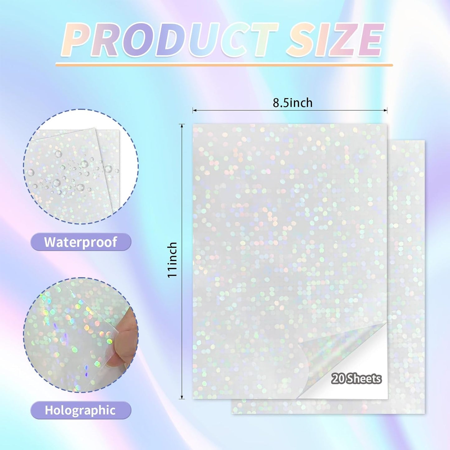20 Sheets Holographic Sticker Paper,8.5x11 Inch Clear Printable Vinyl Sticker Papers,Self-Adhesive Waterproof for Inkjet/Laser Printer（Clear Dots）