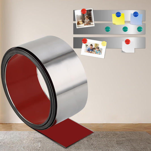 Self Adhesive Backing Metal Strip for Magnets, Flexible Ferrous Memo Tapes Roll for Bulletin Boards in Studio, Office, School (Glossy Silver, 118''L x 3.15''W)