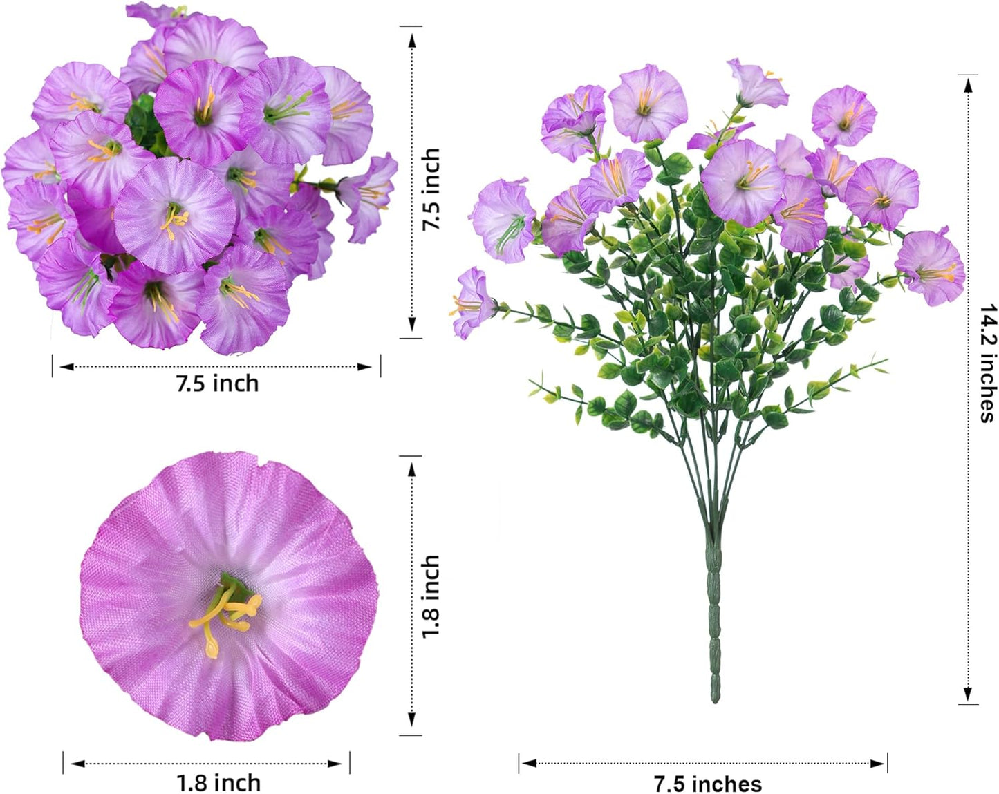 Artificial Flowers Fake Plants for Outdoors Decoration, 12 Bundles Purple Silk Morning Glory with Eucalyptus Realistic UV Resistant Faux Flowers Greenery for Outside Planter Yard Garden Home Indoor