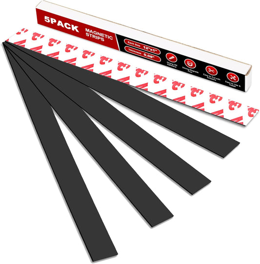 Thaibear Magnetic Strip, Flexible Magnetic Strips with Adhesive Backing (5 Pack, 12" x 1") Strong Sticky Magnetic Tape for Kitchen, Garden - Magnet Tape Strip Holder Strip for Wall