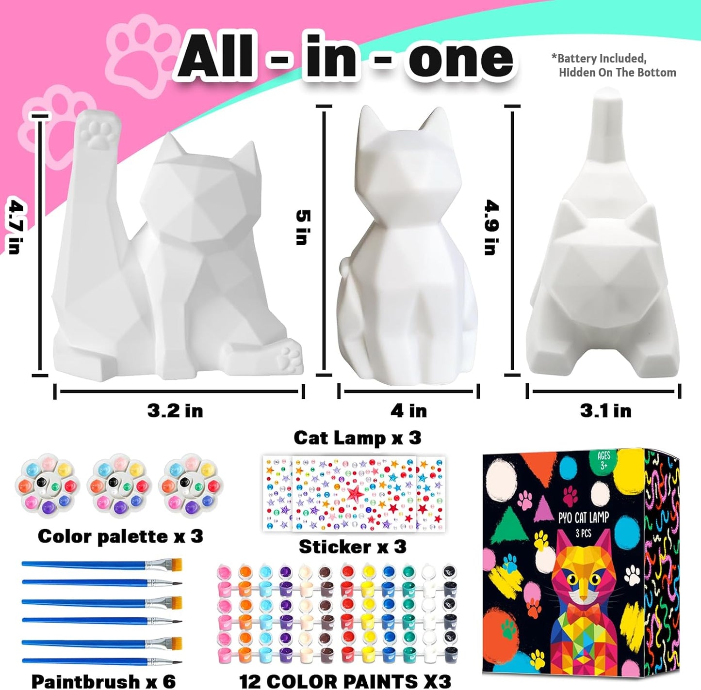 FUNZBO 3pcs Paint Your Own Cat Lamp Kit - Halloweens Arts and Crafts Supplies Kitten Painting Kits for Kid Teen, DIY Night Light Toy for Toddlers Girl Boy Age 3 4 5 6 7 8 9 10 11 12 13 Birthday Gifts