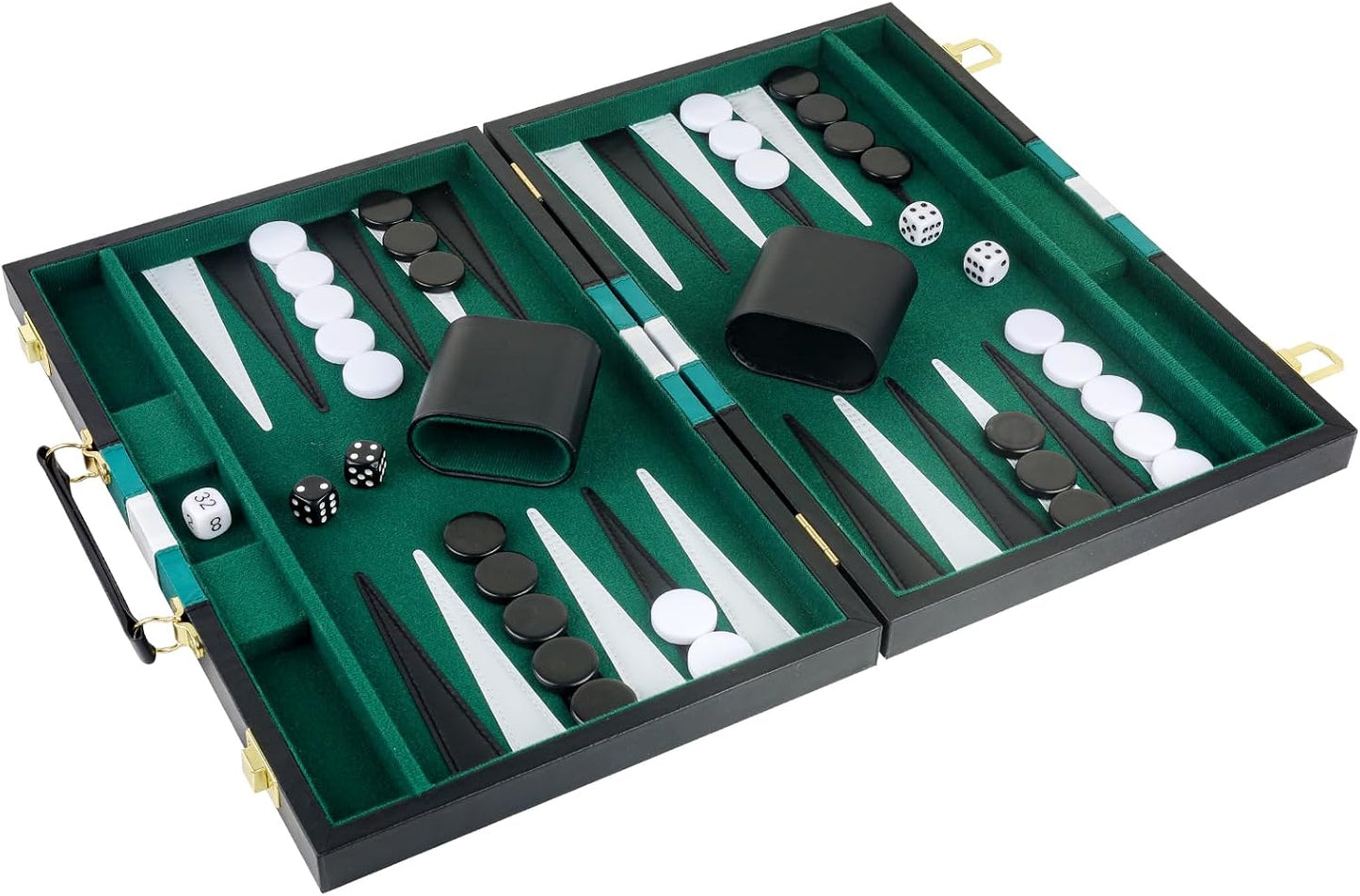 Backgammon Set 2 Players Classic Backgammon Sets for Adults Board Game with Black PU Leather Case Portable and Travel Backgammon Set (Green, 15inch)
