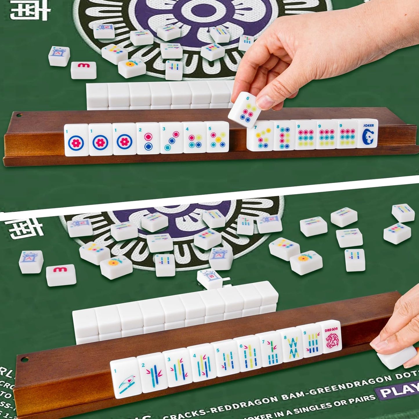 Mahjong Tile Set Equipped with Mahjong Instructions, 166 Quality White Engraved Tiles, 1.2 inch American Mahjong Tiles Set with Carrying Bag/Dice/Chips, Creative Design Patterns, Ideal Mahjong Gifts