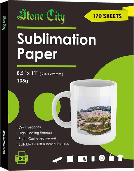 Stone City Sublimation Paper 170 Sheets 105g for Heat Transfer Light Fabric, T Shirt, Mug, Tumbler, Compatible with Inkjet Printer with Sublimation Ink