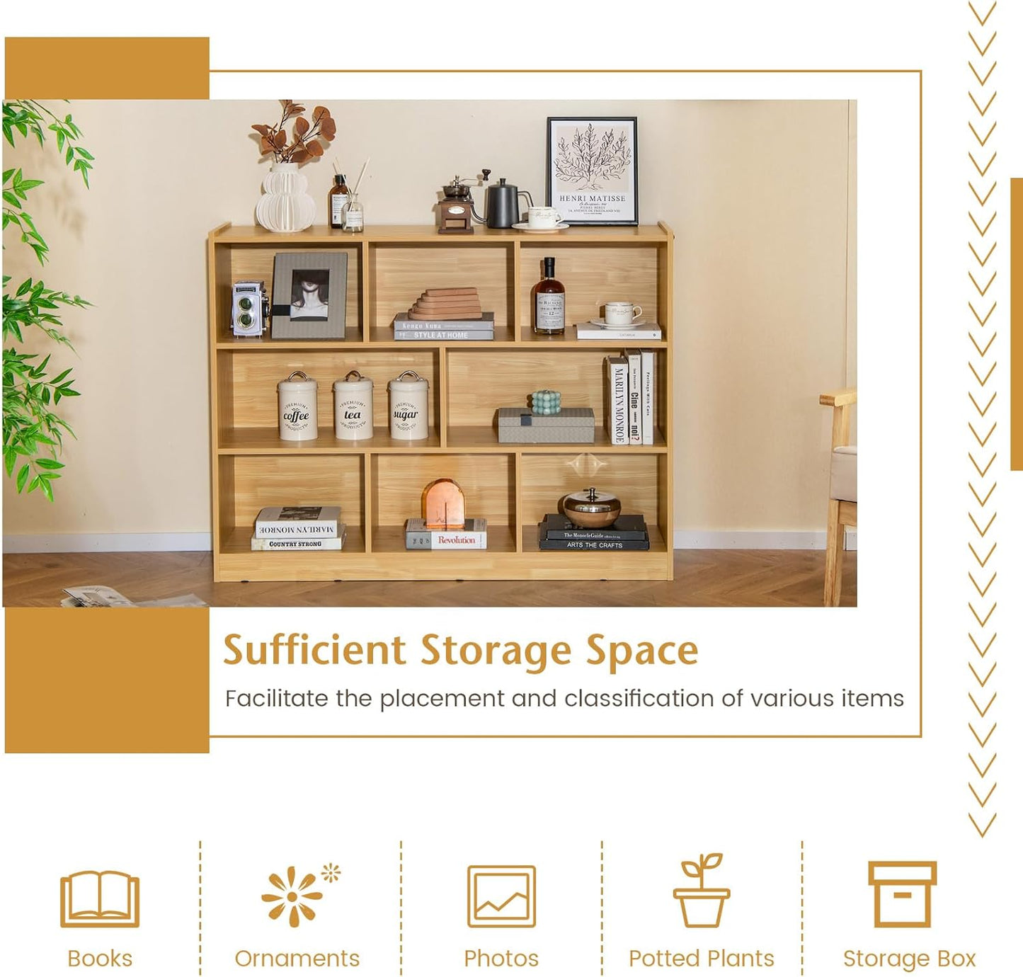 Giantex 8 Cube Bookcase, Freestanding 3-Tier Open Bookshelf, Modern Storage Display Cabinet, Wood Cube Storage Organizer for Living Room, Kid’s Room, Burlywood