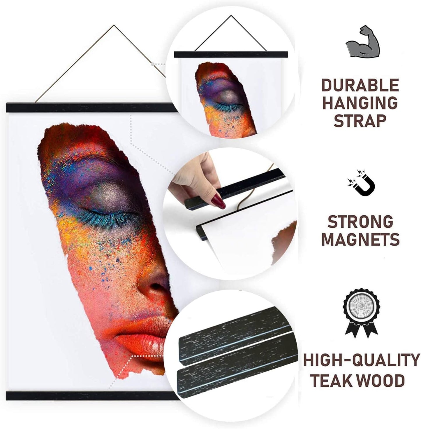 DACRI HOME 17" Magnetic Poster Hanger Frame - Teak Wood Poster Frame, Strong Magnets for Safe Hanging Print Picture Map Wall Art 17x22 17x24 (17 inch, Black)