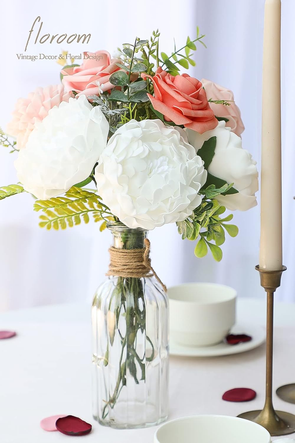 Floroom Artificial Flowers 16pcs 4" White Blooming Peonies Real Looking Foam Fake Peony with Stems for DIY Wedding Bouquets Bridal Shower Centerpieces Floral Arrangements Party Tables Home Decorations