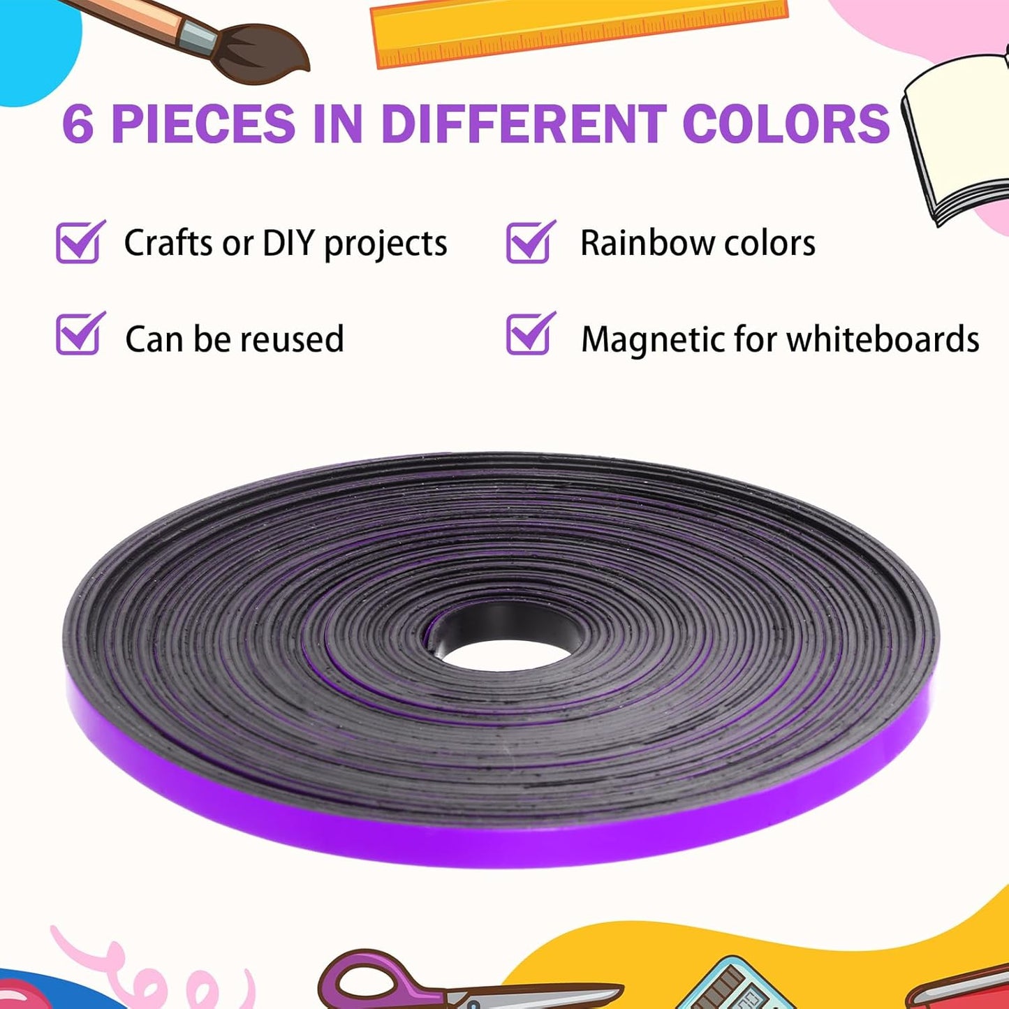 Magnetic Tape Roll Thin Strips, 1/4 Inch x 33 Feet Magnetic Board Dividers Whiteboard Graphic Decorative Tape Marking Line for Classroom Office Art Accessories(Purple)