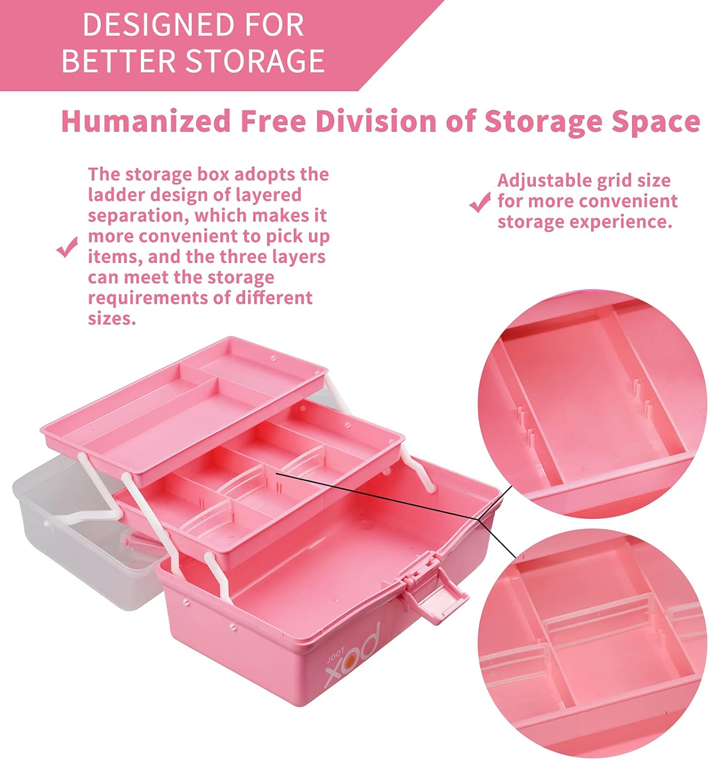 12in Three-Layer Multipurpose Storage Box Organizer Folding Tool Box/Art & Crafts Case/Sewing Supplies Organizer/Family First Aid organizer/Medicine Storage with 2 Trays (Pink)