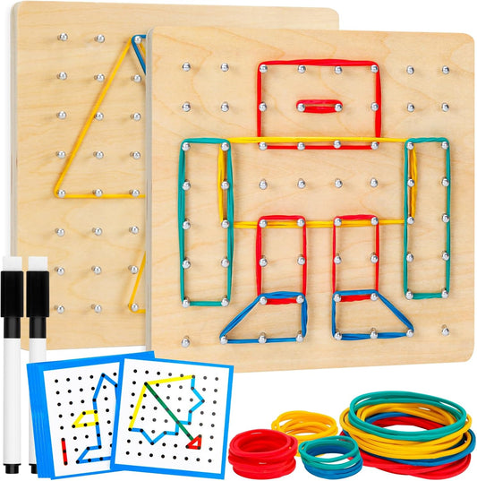 2Pack Wooden Geoboard,Montessori Toy,Graphical Mathematical Education Toy for Kids with Pattern Cards and Rubber Bands to Figures and Shapes, Brain Teaser STEM Toy Geo Board.