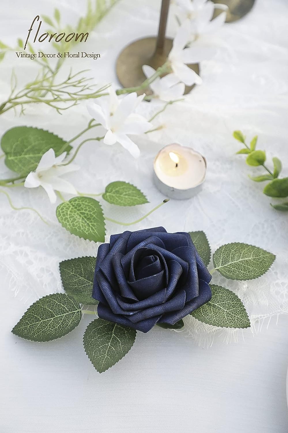 Floroom Artificial Flowers 25pcs Real Looking Navy Blue Foam Fake Roses with Stems for DIY Wedding Bouquets Bridal Shower Centerpieces Party Tables Home Decorations