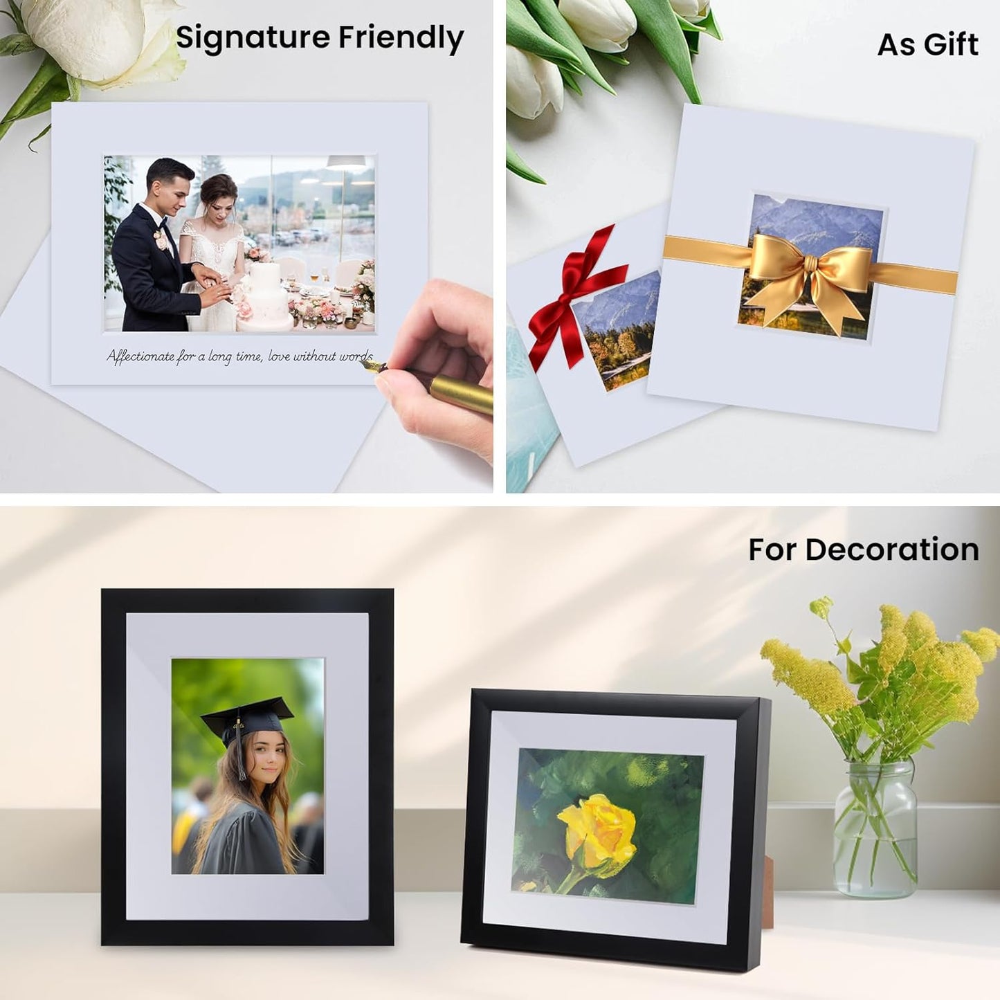 Falling in Art 5 Pack Acid Free 9x12'' White Picture Mats Board Show Kit for 6x8'' Photos, 4-Ply Beveled Pre-Cut Photo Mats with Backing Board for Frames, Artwork and Prints