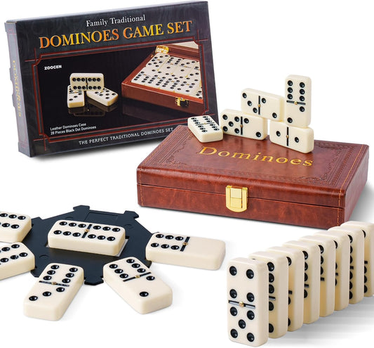 Double 6 Dominoes Set in Leatherette Case (28 Tiles with Spinner), Ivory