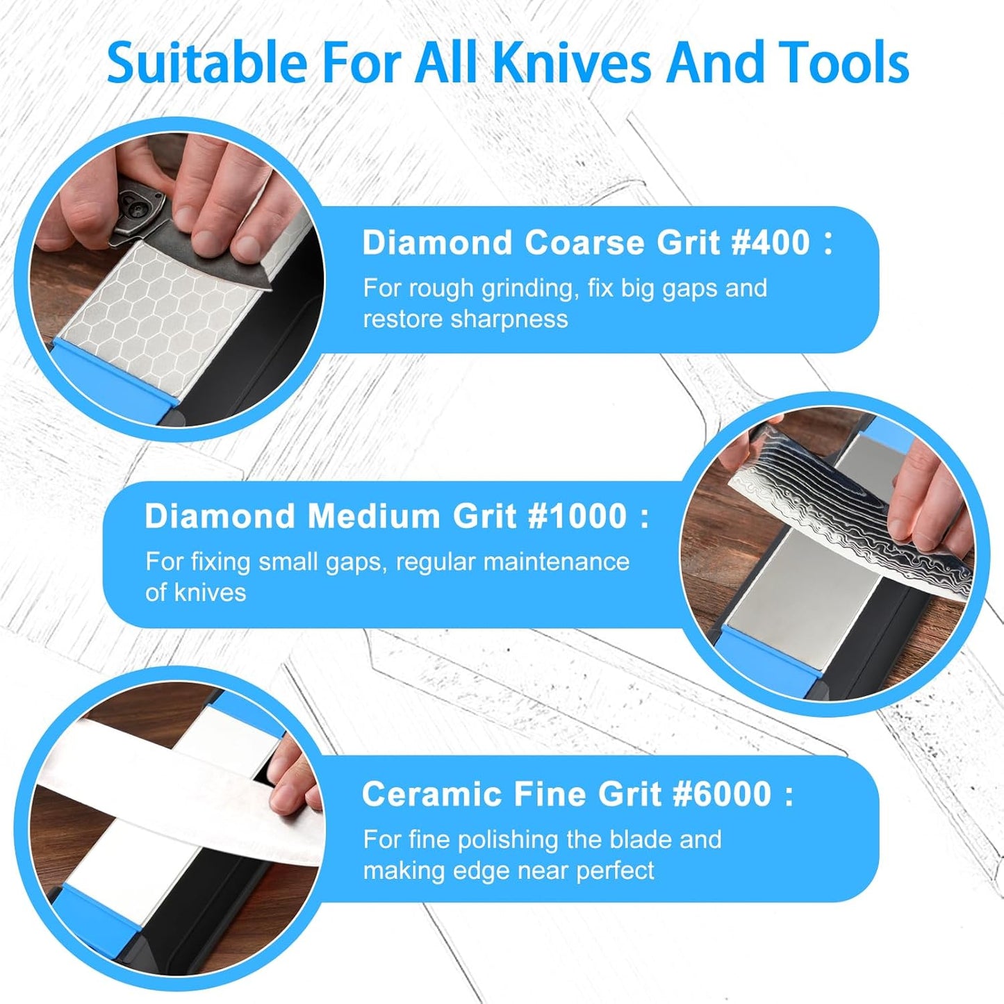 Diamond Sharpening Stone,3 Side 400/1000/6000 Grit Premium Industrial Diamond & Ceramic Whetstone Knife Sharpener Stone With Edge Grip holder and Non-slip Base