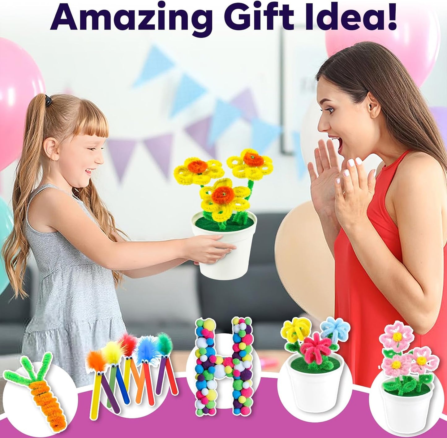 FUNZBO Arts and Crafts Supplies for Kids - Craft Kits with Pipe Cleaners, Popsicle Stickers, Construction Paper, Pom Poms & Googly Eyes, Birthday Gifts for Girls & Boys Age 4+