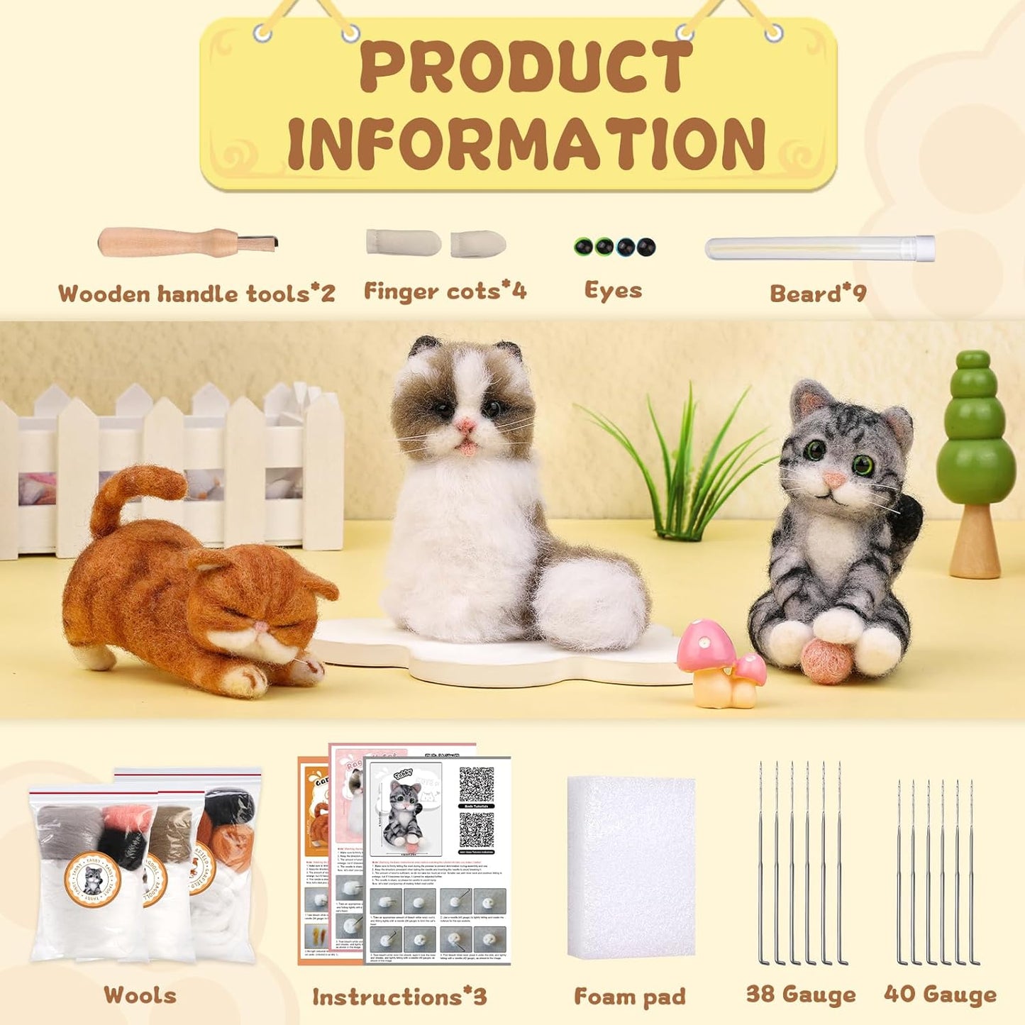 Mayboos Needle Felting Kit, 3 PCS Cat Animal Needle Felting Beginner Kits Wool Felt Needle Felting Tools with Instruction for DIY Craft Animal Home Decoration