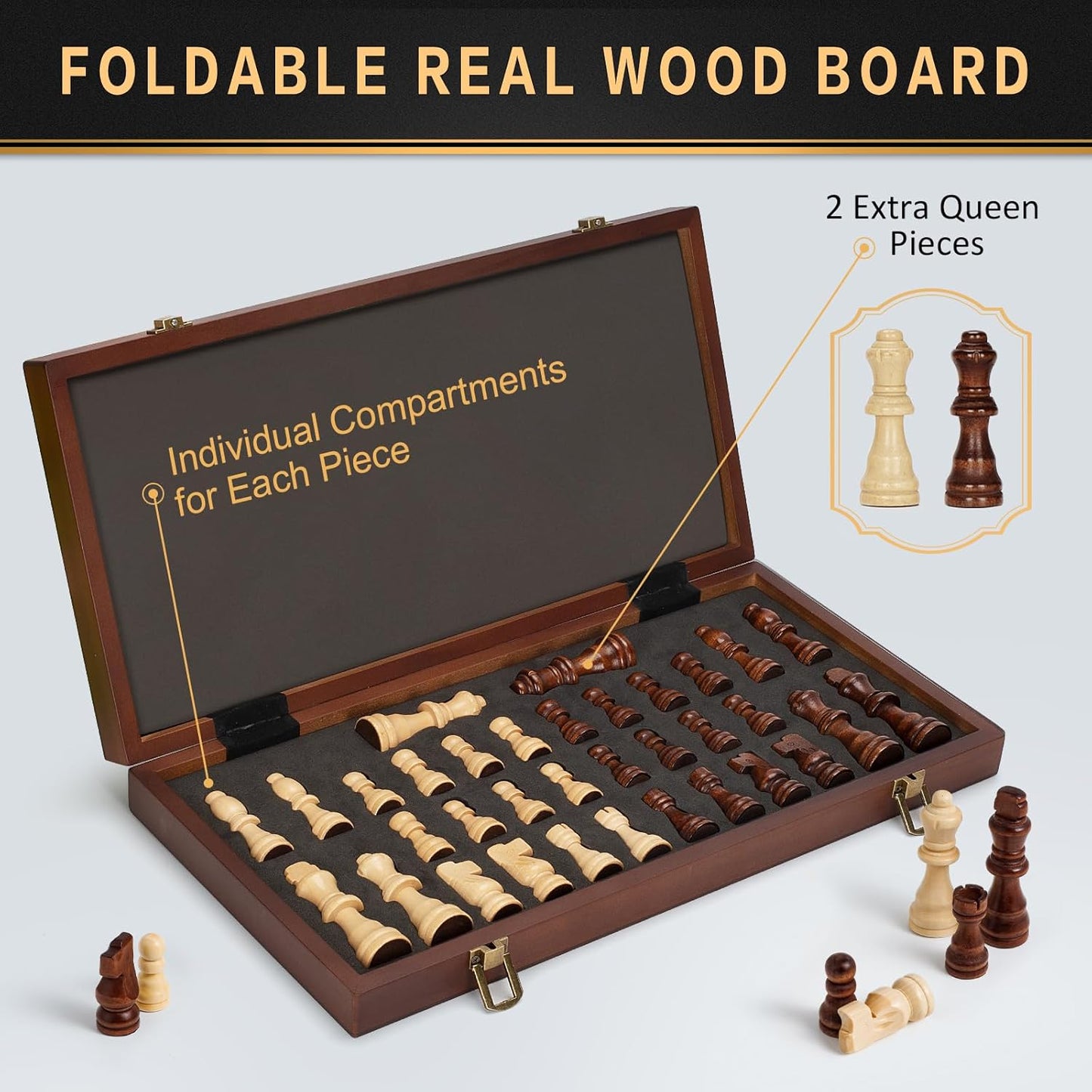 Magnetic Wooden Chess Set, 15" Folding Chess Board with 2 Extra Queens, Portable Travel Chess Set with Pieces Storage Slots, Beginner Chess Board Game for Adults & Kids