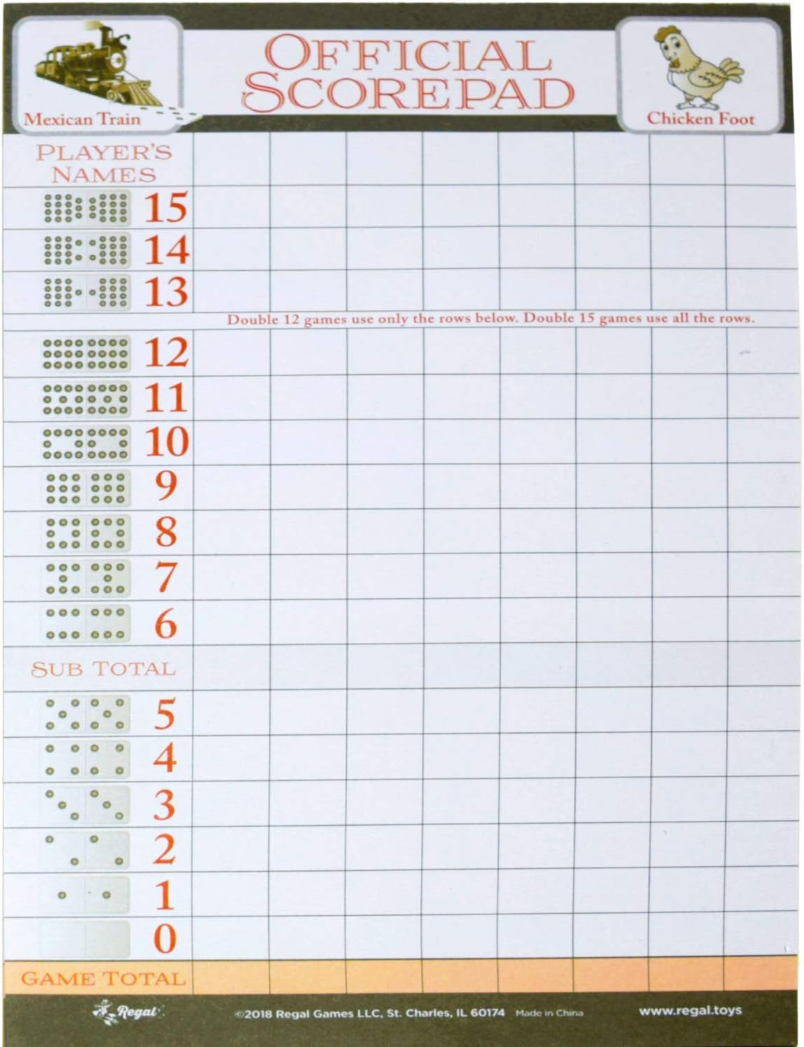 Regal Games Mexican Train Score Pads & Chicken Foot Dominoes Game for Adults - Ideal for Family Fun Game Night and Travel - 100 Sheets (8.25" x 5.5")