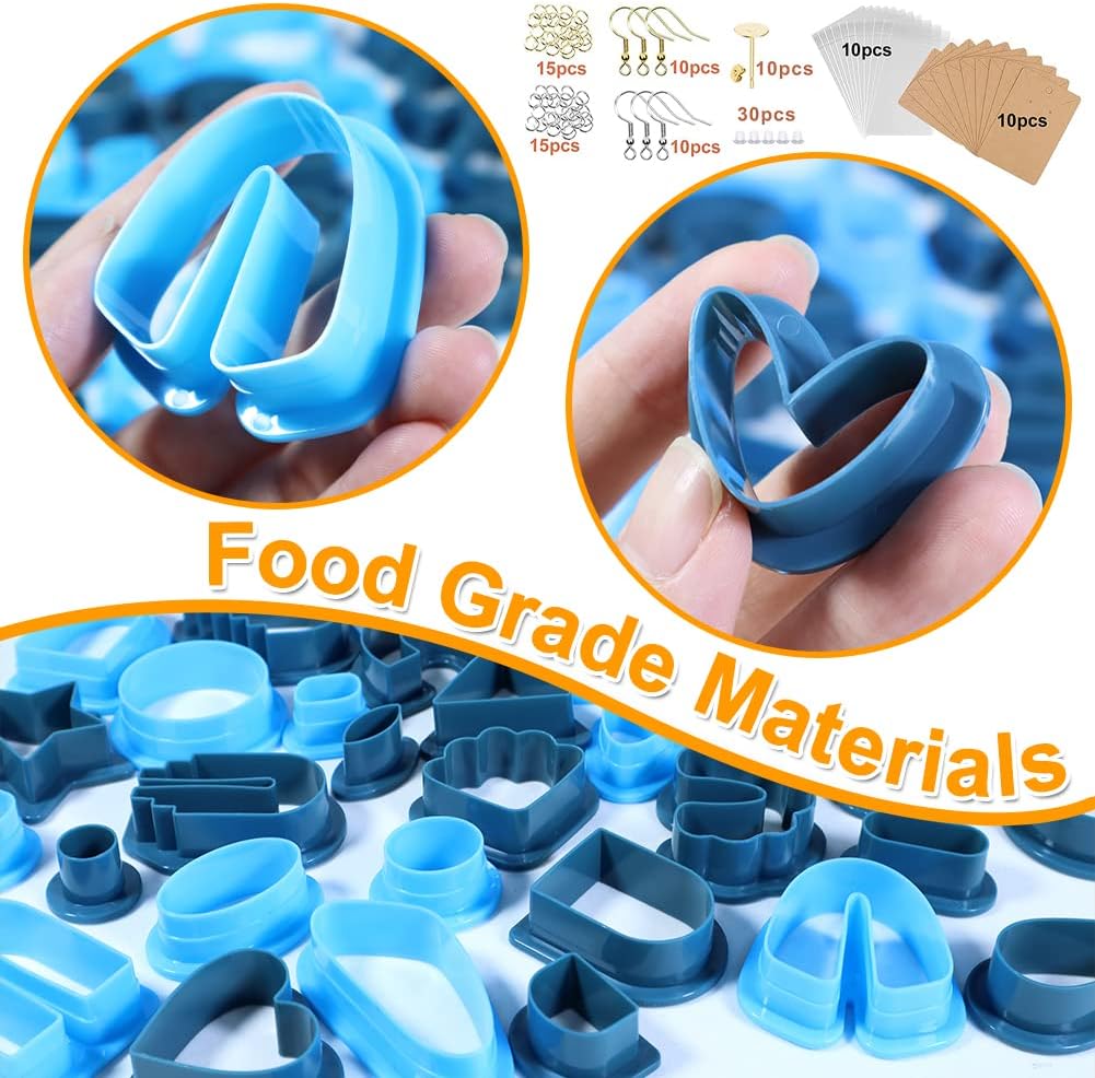 PTFJZ Polymer Clay Cutters for Earring Making - 160pcs Clay Tools Set with Earrings Accessories, 42+8pcs Different Shape Plastic Clay Cutters (Style B-Blue)