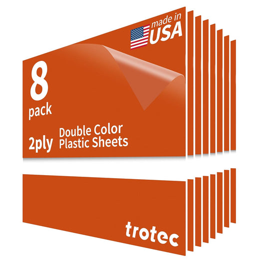 Trotec TroLase | 12"x12"x1/16", 8 Pcs | Orange/White | 2 Ply | Modified Acrylic | Laser Engraving Double Color Plastic Sheet | Engraving Blanks for Laser, Saw, Guillotine | Made in USA