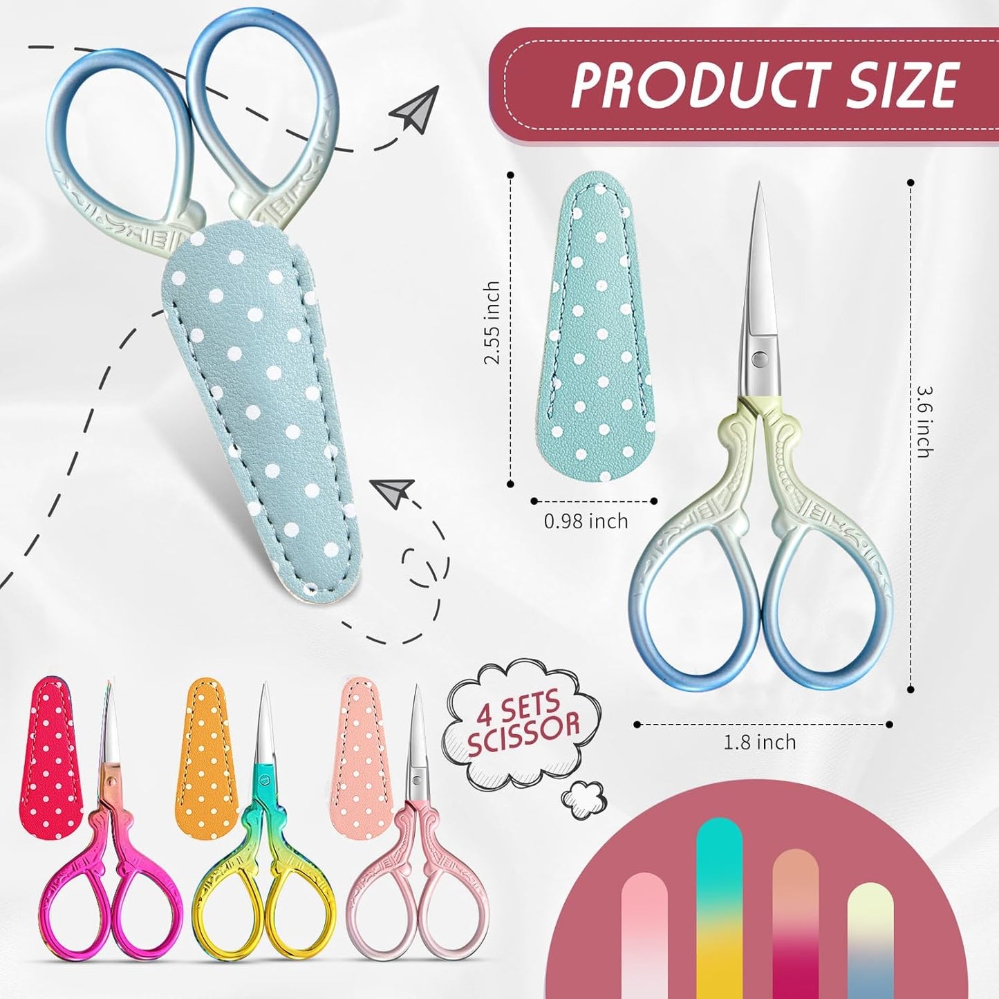 Honoson 4 Pcs Sewing Embroidery Scissors with 4 Pcs Artificial Leather Cover 3.6 Inch Stainless Steel Stork Scissors Vintage Embroidery for Needlework Manual Sewing Handicraft(Classic Colors)