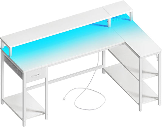 SUPERJARE 53 inch Reversible L Shaped Desk with LED Lights & Power Outlets, Computer Desk with Shelves & Monitor Stand, Gaming Desk with Drawer, Home Office Desk Corner Desk, PU White Drawer