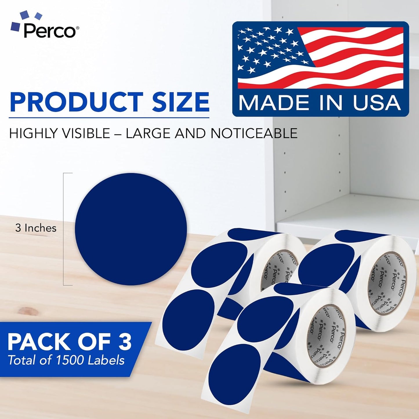 Perco Dark Blue 3-Inch Round Circle Dot Sticker Labels - Multi-Roll Pack (3 Rolls, 500 Labels Each) - Permanent Adhesive, Vibrant Colors, Strong Hold - Perforated for Easy Use - Made in USA