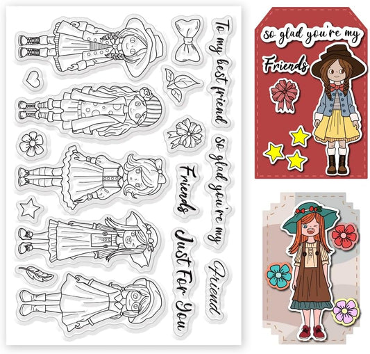 Fashion Girls Clear Stamps 6.3x4.3 Friendship Word Rubber Stamp Flower Silicone Stamps Star Heart Transparent Stamps for DIY Scrapbooking Card Making Photo Album Decor