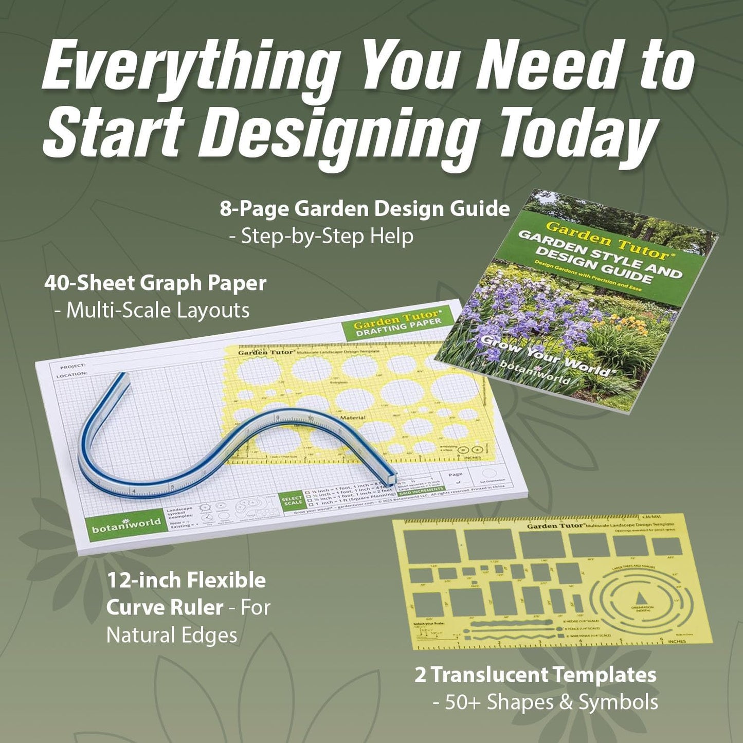Garden Tutor Multiscale Garden & Landscape Design Kit – 2 Translucent Yellow Design Stencils, 12-Inch Flexible Curve Ruler, 40-Sheet Multi-Scale Graph Paper & Garden Design Guide