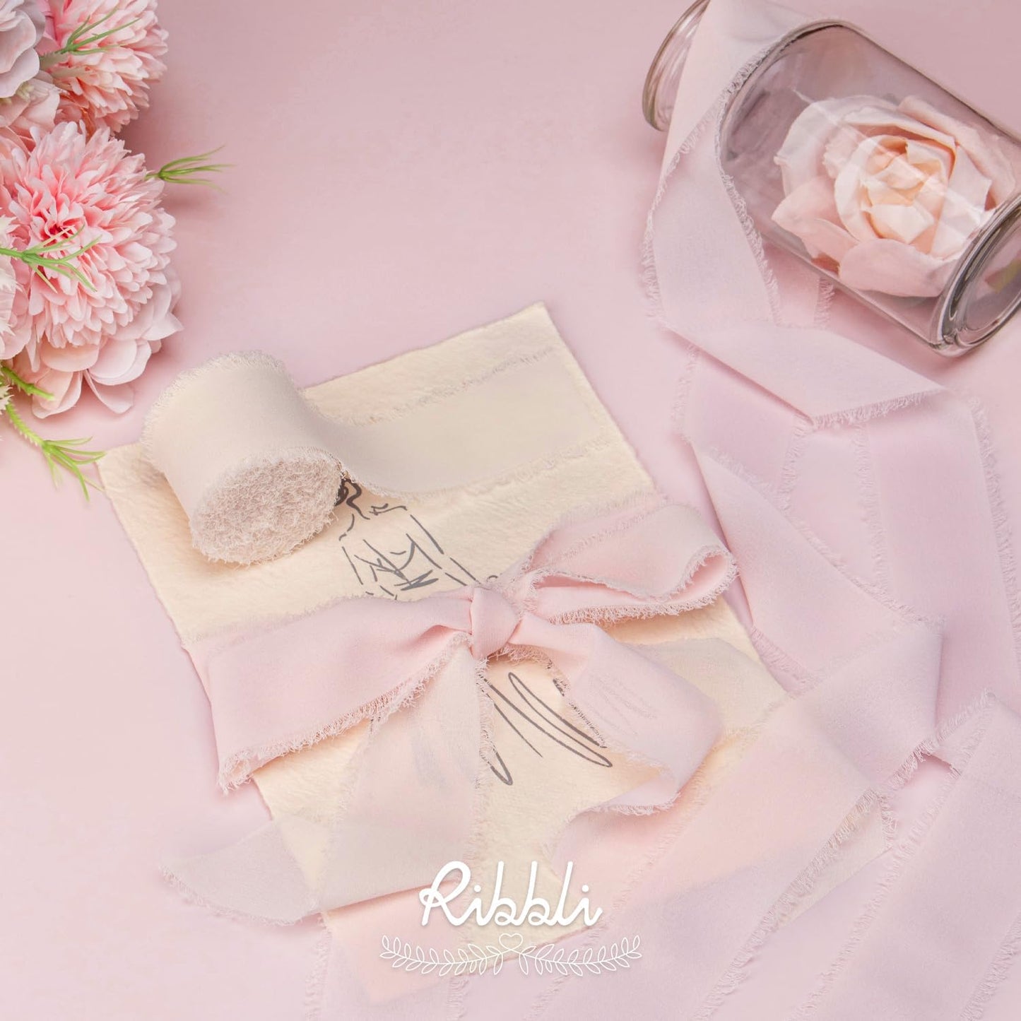 Ribbli Pale Blush Pink Chiffon Ribbon 1-1/2 inch x 20 Yard Handmade Fringe Chiffon Silk Ribbon, Pale Blush Ribbon for Wrapping, Wedding Invitations, Bridal Bouquets, Home Decor