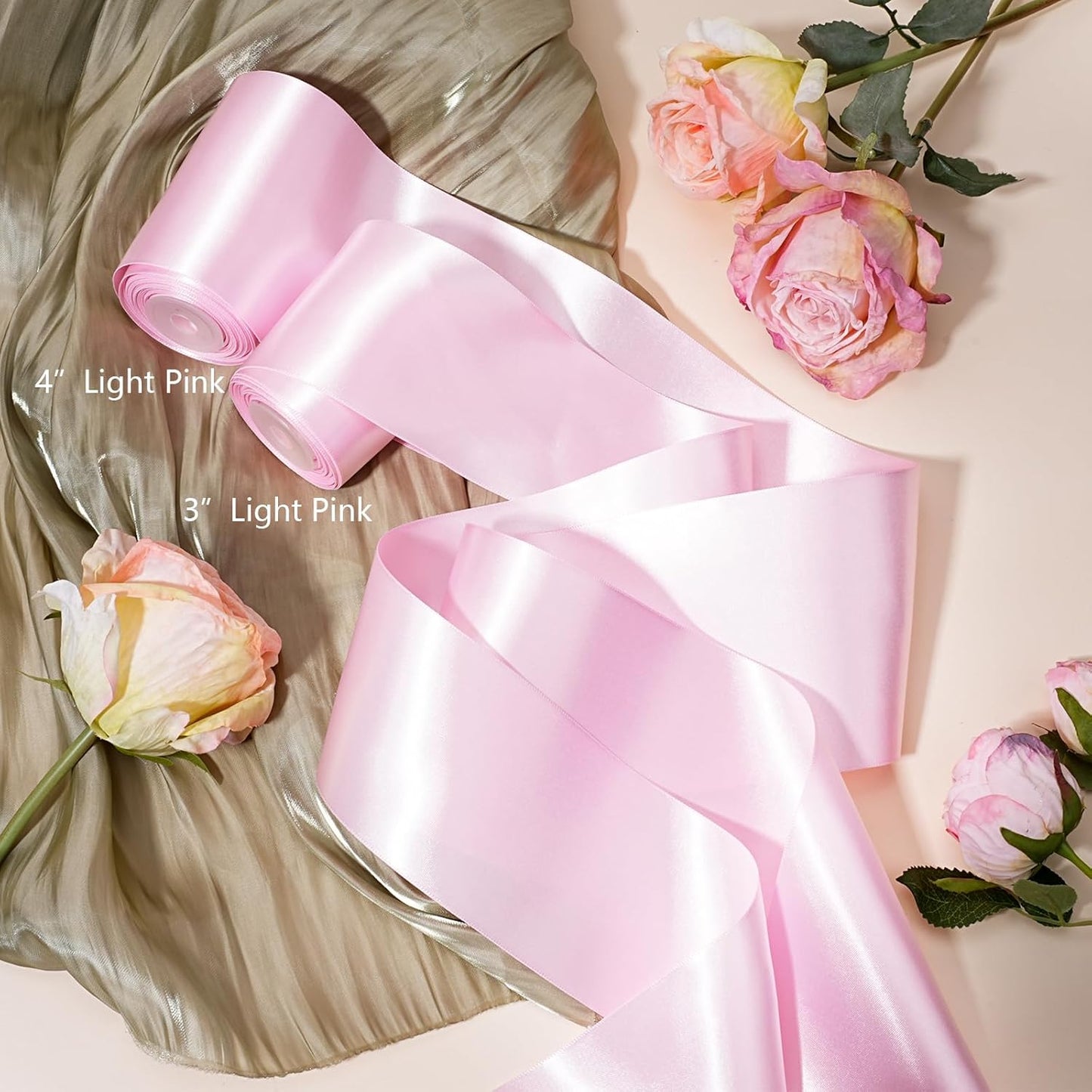 LaRibbons Light Pink Satin Ribbon 4 Inch 10 Yards Double Faced Luxury Light Pink Silk Ribbon for Gift Wrapping Flower Bouquets Bow Christmas Wedding Party Decoration