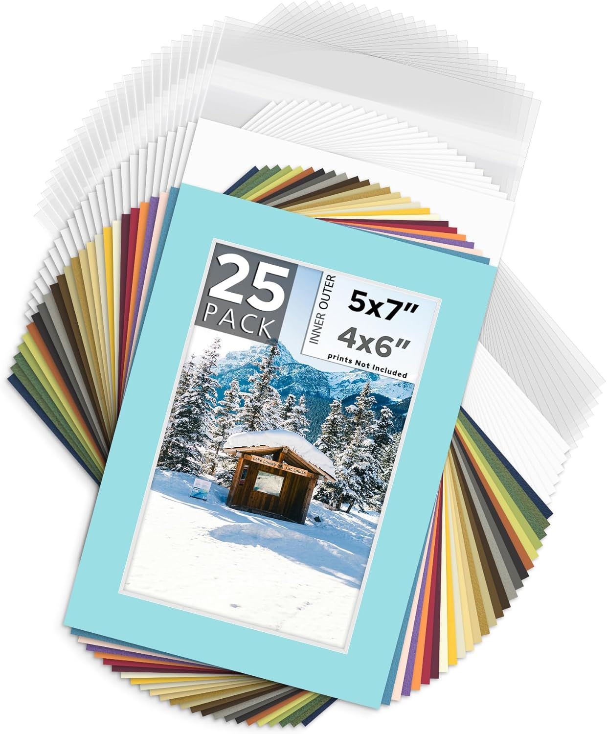 Mat Board Center, Pack of 25, 5x7 for 4x6 Mix Color Mat Kit - Acid Free, 4-ply Thickness, White Core - Includes Backing Boards and Clear Bags - for Pictures, Photos, Framing