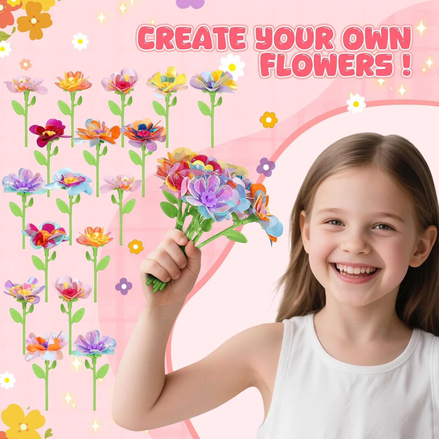 Crelloci DIY Flower Accessories Refill Pack for Kids – Fabric Petals and Flower Parts to Mix & Match – Craft Supply Kit for Making Colorful Bouquet Gifts – STEM Art Toy for Girls Ages 3+