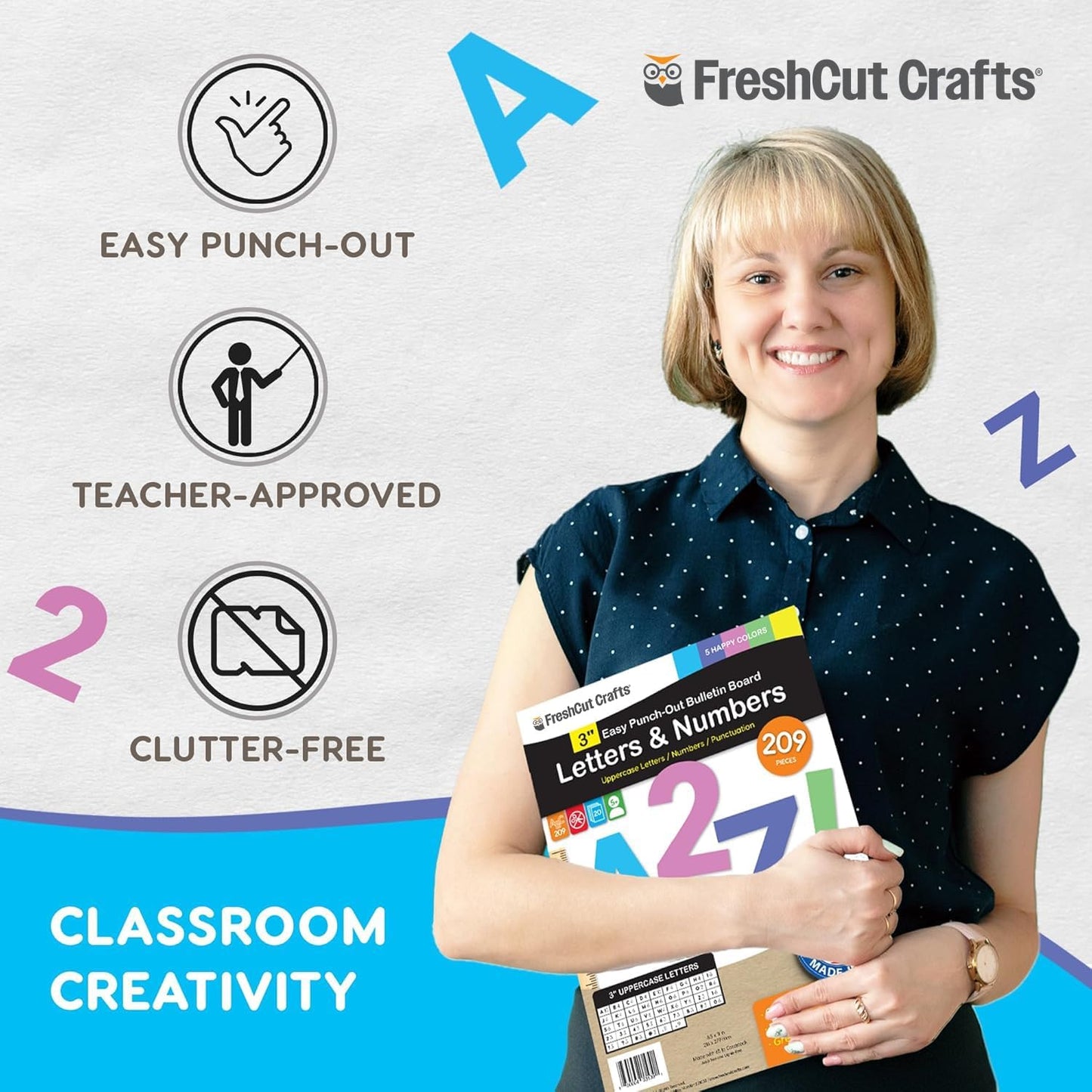 209 Pcs 3" Happy Colors Precut Letters & Numbers - Capital, Numbers, Punctuation - US Made Card Stock for Poster, Bulletin Board, Classroom