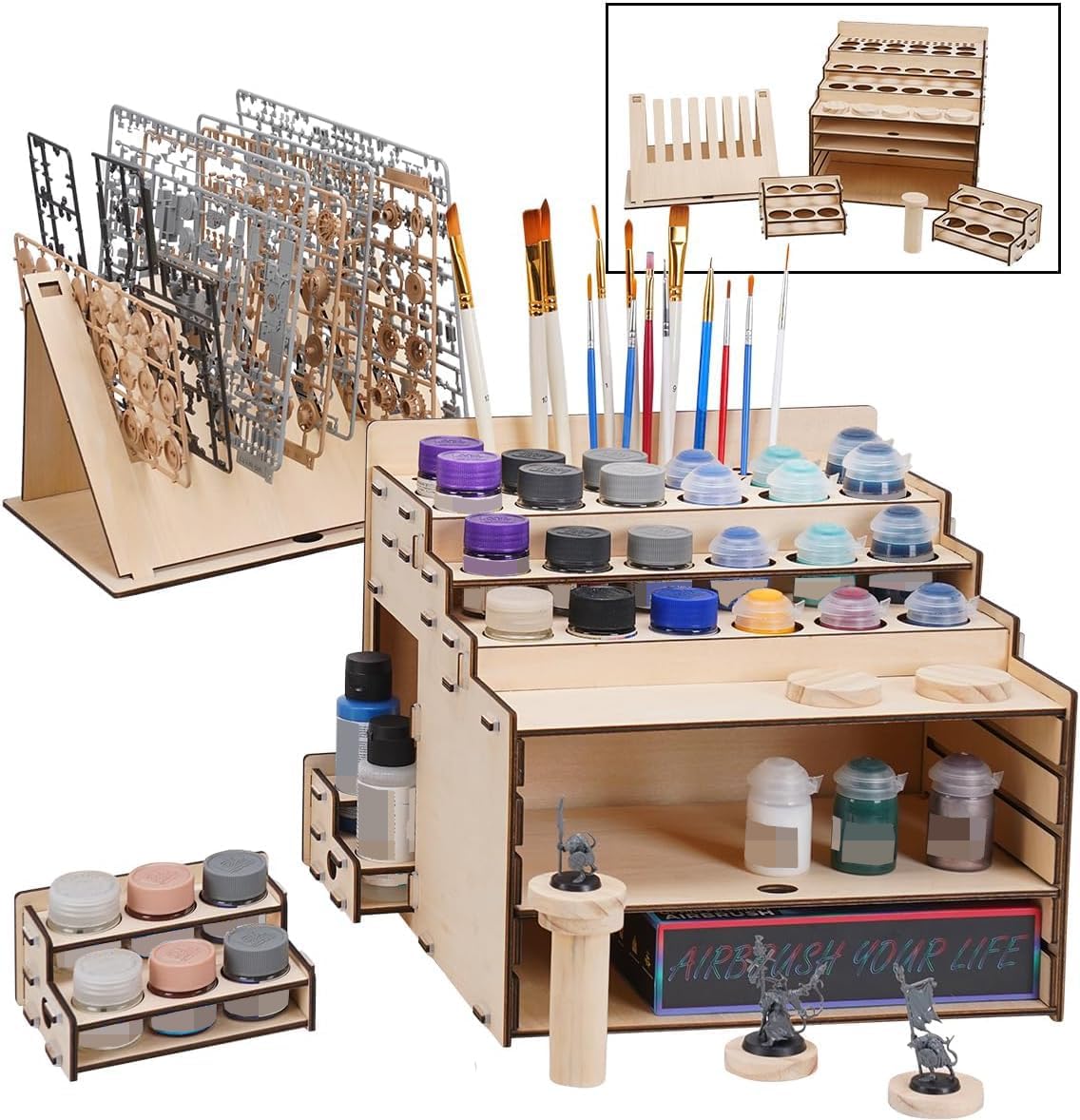 Model Paint Holder with Adjustable Storage, Wooden Miniature Model Paints Organizer for 36 Paint Holes and 36 Holes of Painting Brushes wtih Model Pieces Shelf