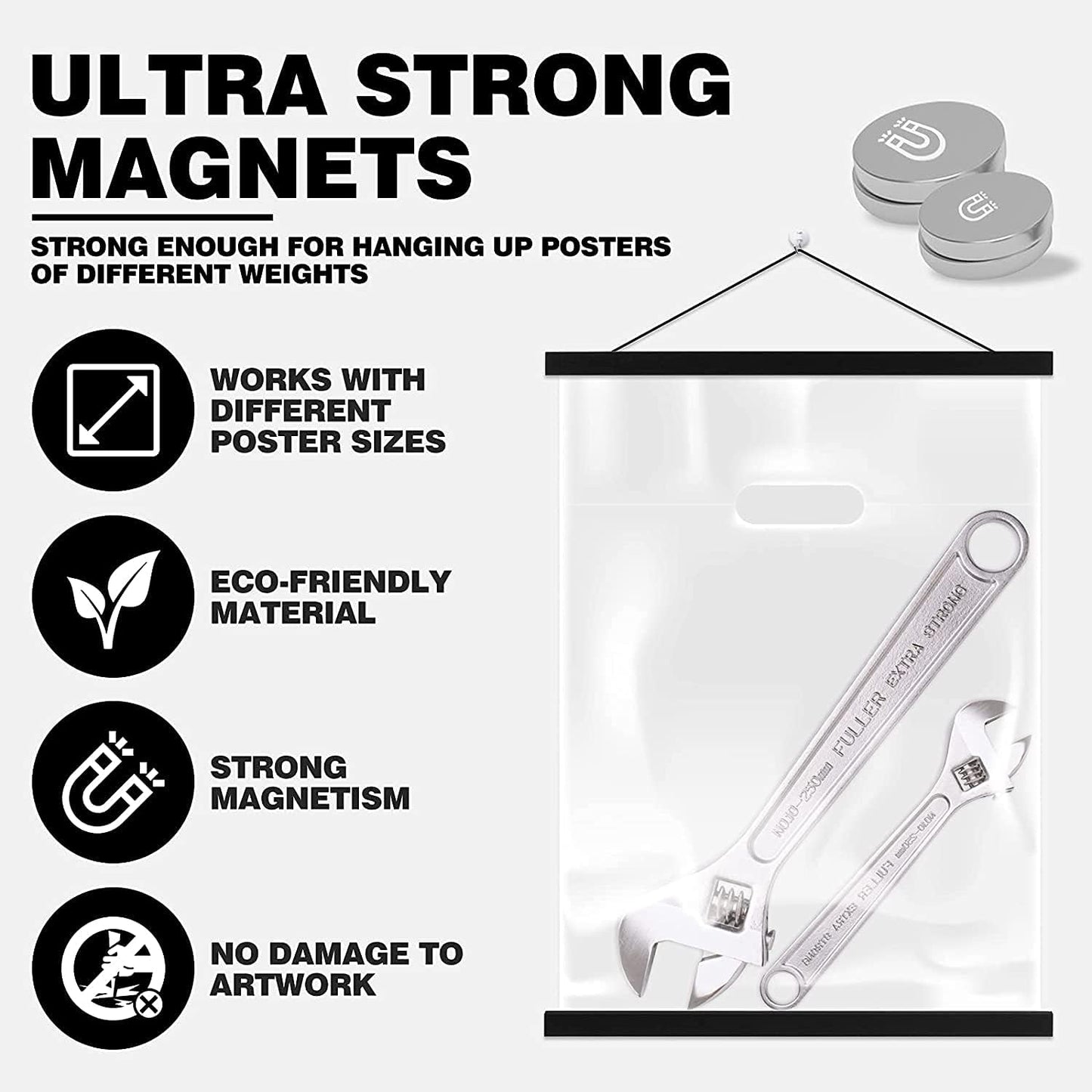 Ywlake Magnetic Poster Hanger, Poster Frame Wood Wooden Magnet Print Posters Dowel Scroll Hanger Hangers Hanging Kit for Walls Map Canvas Artwork (Black, 47"/120cm)