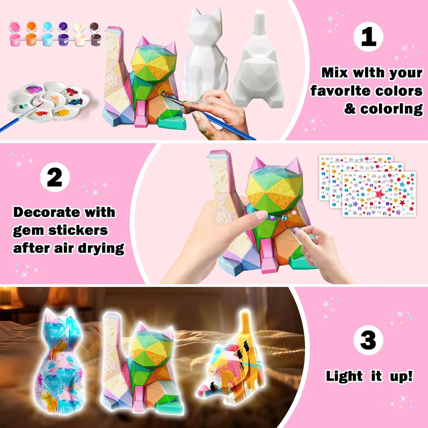 FUNZBO 3pcs Paint Your Own Cat Lamp Kit - Halloweens Arts and Crafts Supplies Kitten Painting Kits for Kid Teen, DIY Night Light Toy for Toddlers Girl Boy Age 3 4 5 6 7 8 9 10 11 12 13 Birthday Gifts