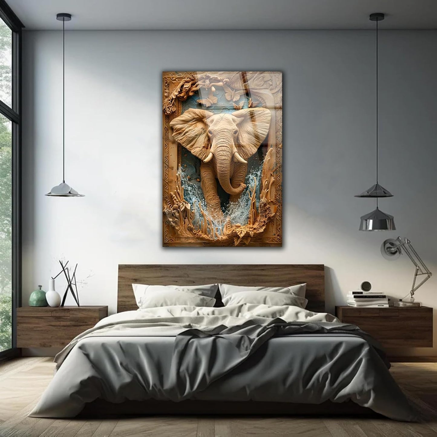 SpiritualHands Rustic Elephant Printed Tempered Glass Wall Art Painting for Living Room, Tempered Glass Modern Prints Decor, Large Vivid Color Panel for Bedroom, Kitchen, or Office