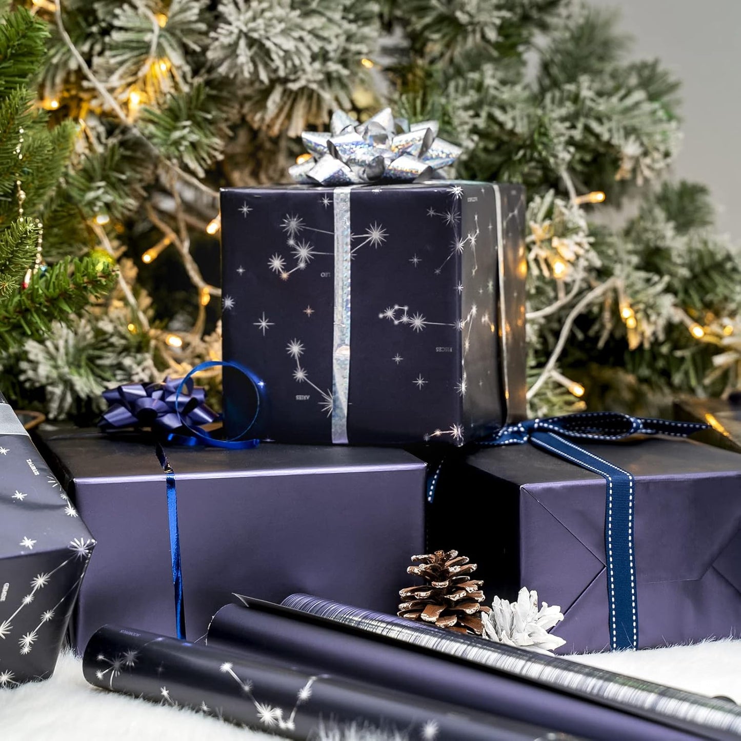 WRAPAHOLIC 30 Inch Navy Blue Wrapping Paper - Jumbo Roll Navy and Silver Constellation Wrapping Paper for Men, Birthday, Holiday, Father's Day, Baby Shower - 3 Rolls - 30 Inch x 120 Inch Per Roll